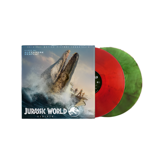 Vinyl records with 'Jurassic World' cover featuring a dinosaur and people on a beach.
